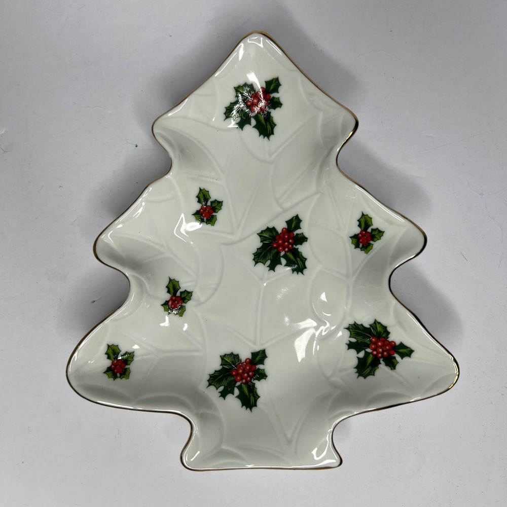 Vintage Lefton China Christmas Tree Candy Dish Holly Berry Gold Trim 8190 Japan